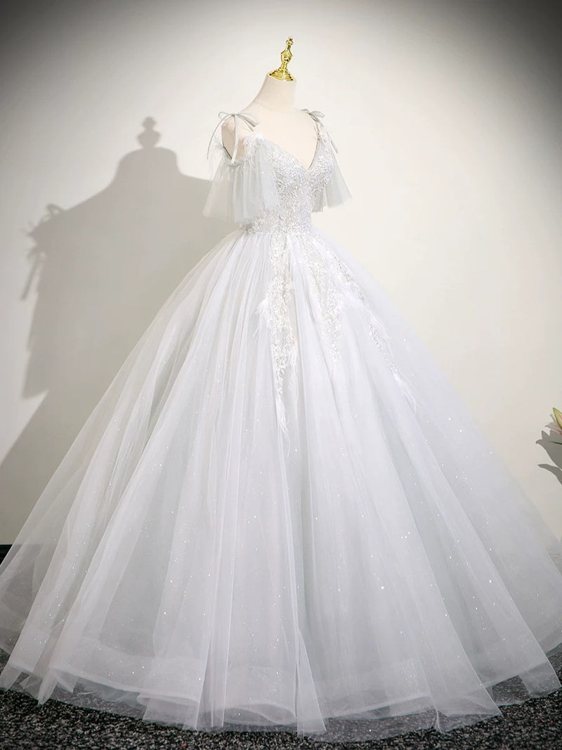 A-Line V Neck Tulle Lace Light Gray Long Prom Dress, Light Gray Long Formal Dress