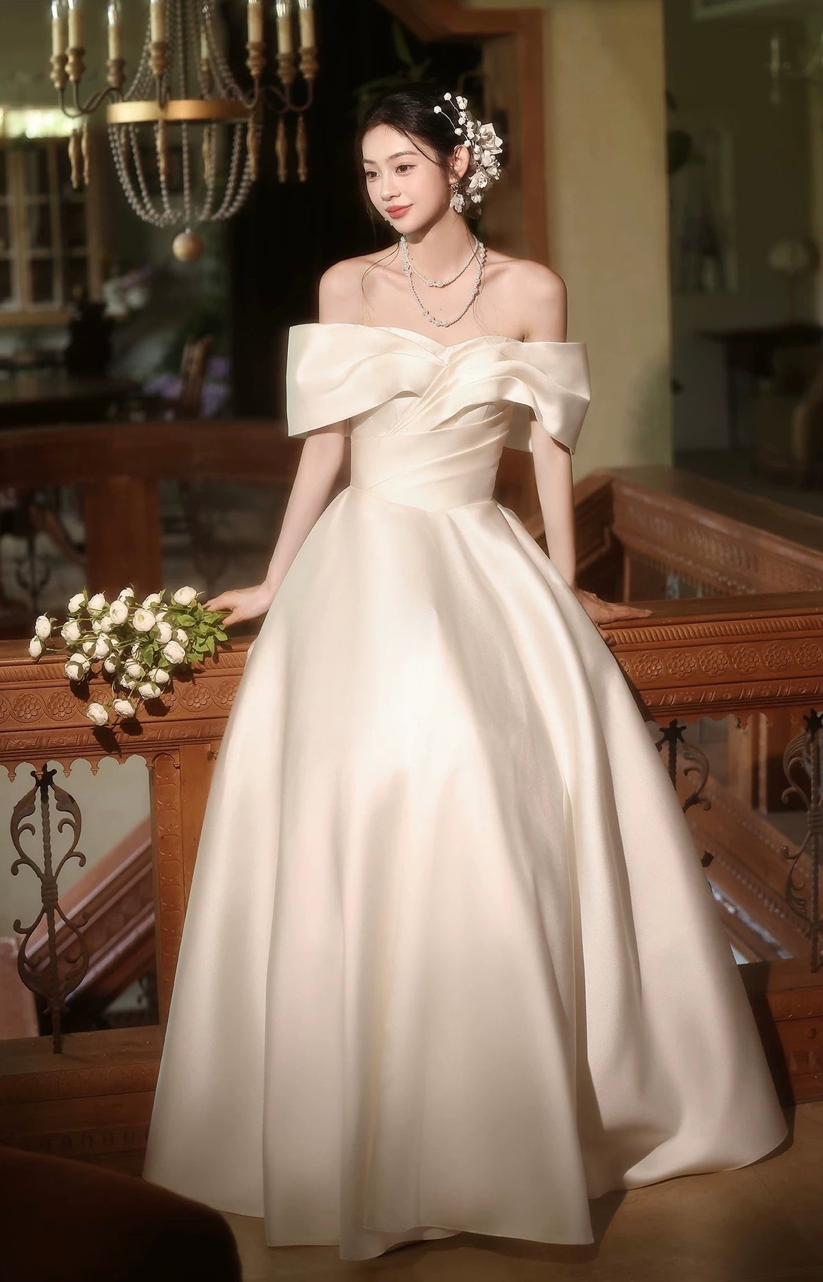 A-Line Off Shoulder Satin White Long Prom Dress, White Long Formal Dress