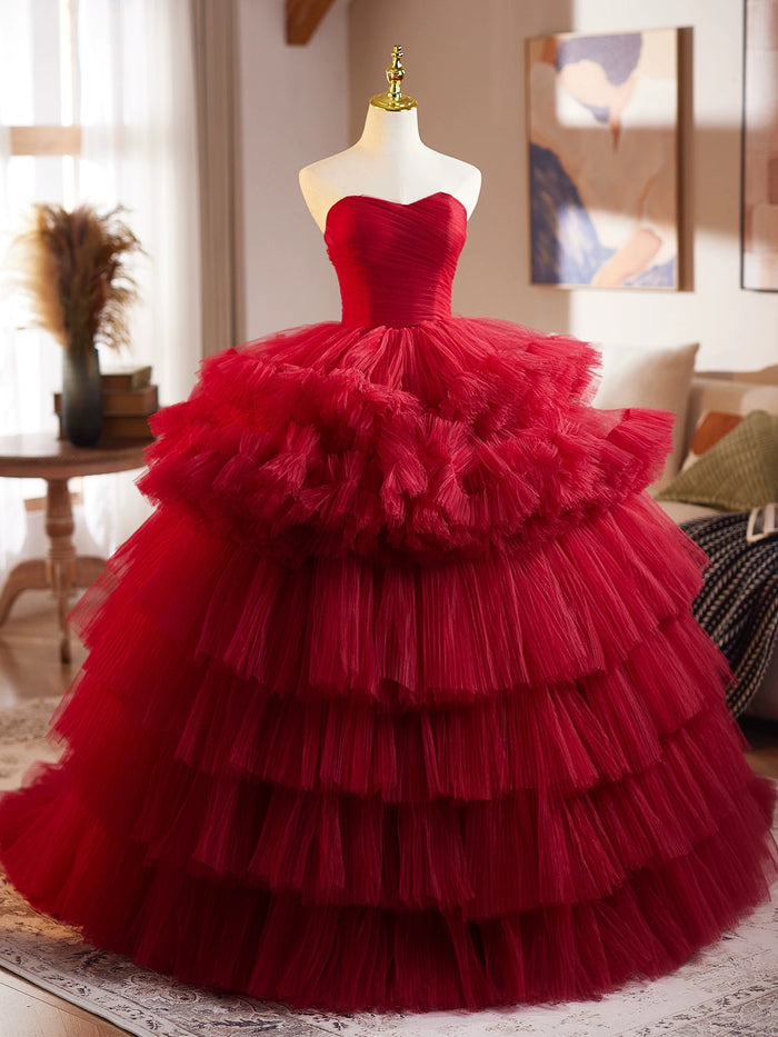 Burgundy Tulle Sweetheart Neck Long Prom Dress, Burgundy Long Evening Dress