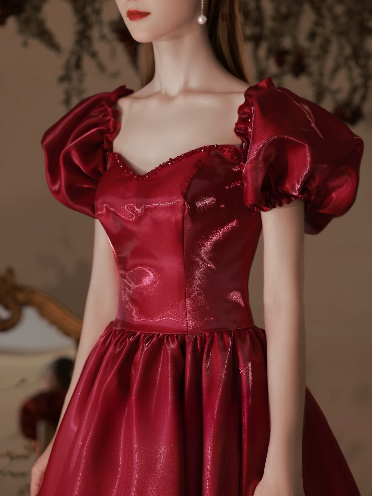 A-Line Puff Sleeves Satin Burgundy Long Prom Dress, Burgundy Graduation Dress