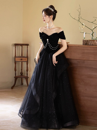 A-Line Off Shoulder Tulle Velvet Black Long Prom Dress, Black Evening Dress