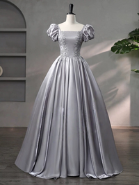 A-Line Puff Sleeves Satin Lace Gray Long Prom Dress