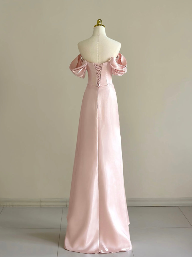 Pink A-Line Satin Long Prom Dress, Off Shoulder Pink Long Evening Dress