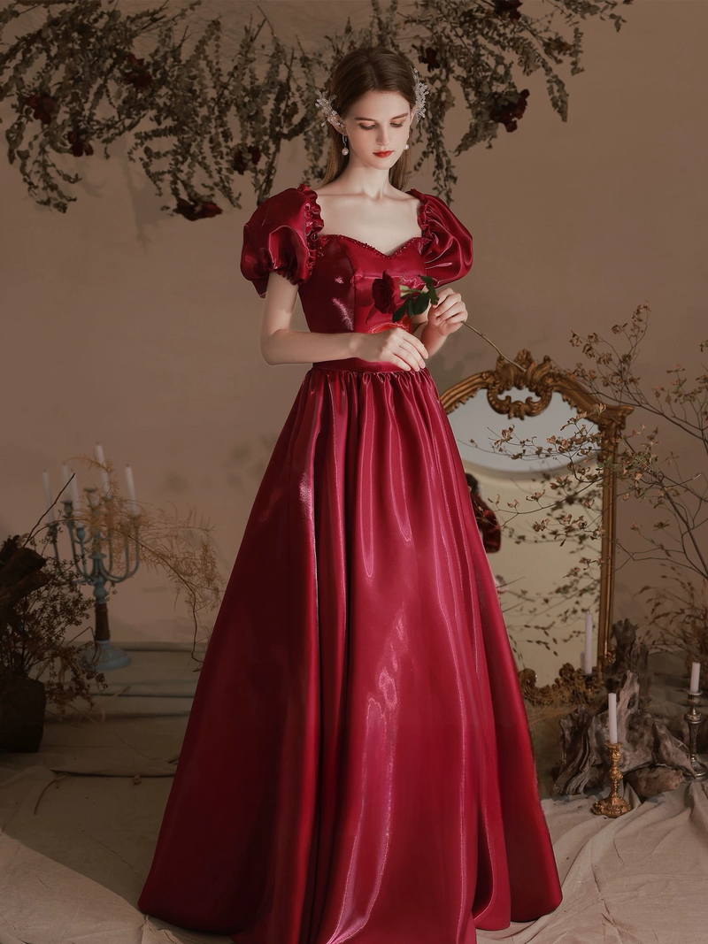 A-Line Puff Sleeves Satin Burgundy Long Prom Dress, Burgundy Graduation Dress