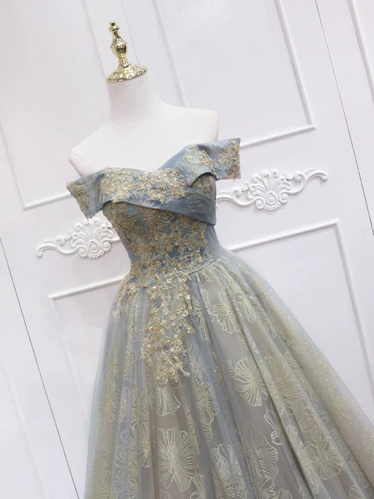 A-Line Tulle Lace Off Shoulder Gray Long Prom Dress