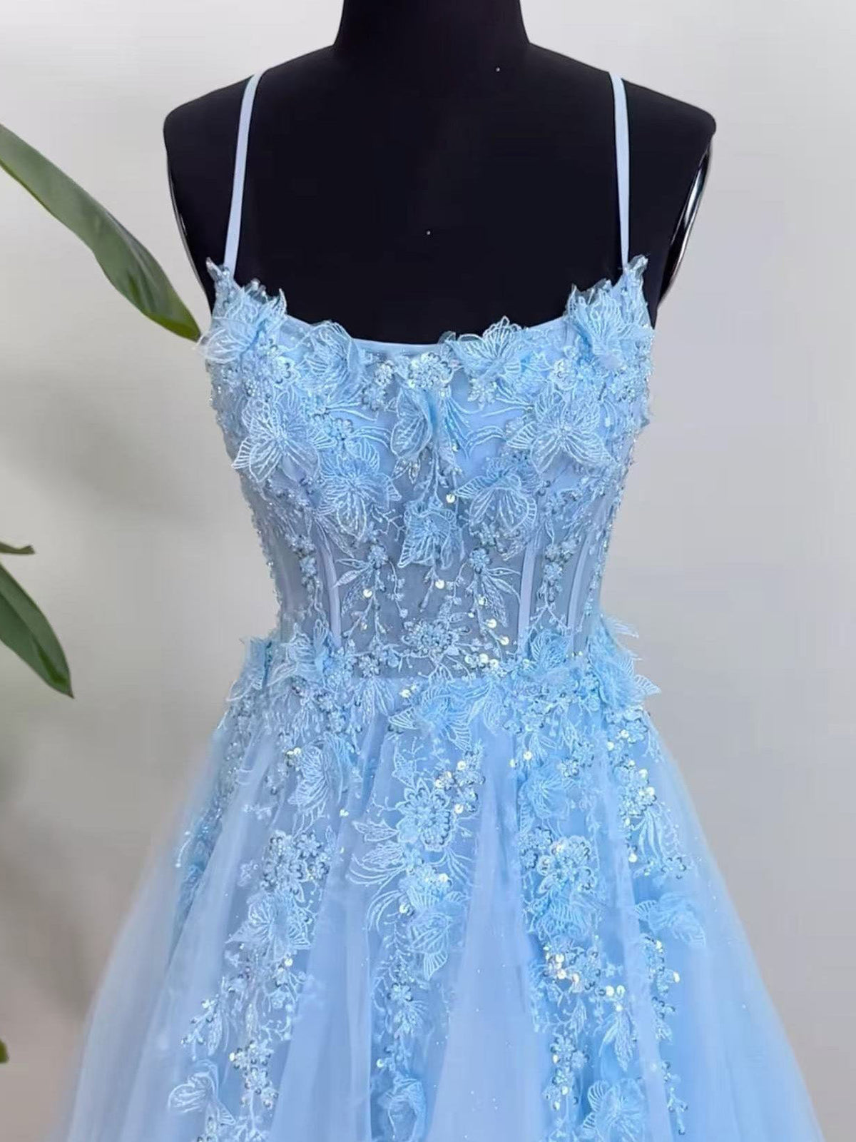 A-line Tulle Lace Floor Length Blue Prom Dress, Blue Formal Dress