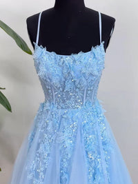 A-line Tulle Lace Floor Length Blue Prom Dress, Blue Formal Dress