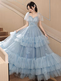 A-Line Sweetheart Neck Tulle Blue Long Prom Dress, Blue Long Formal Dress