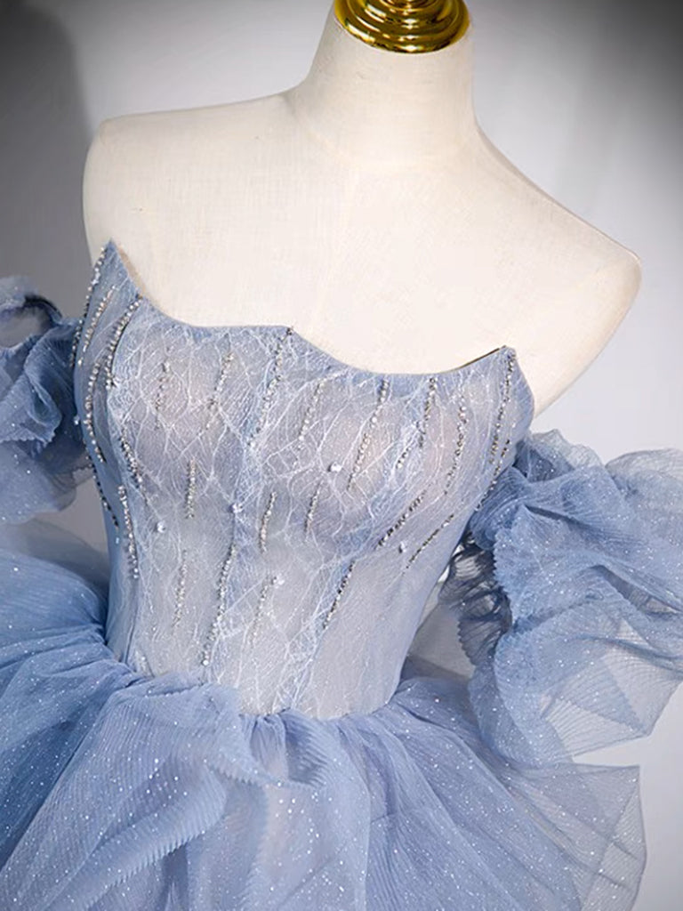 A-line Blue Tulle Long Prom Dress, Blue Long Evening Dress