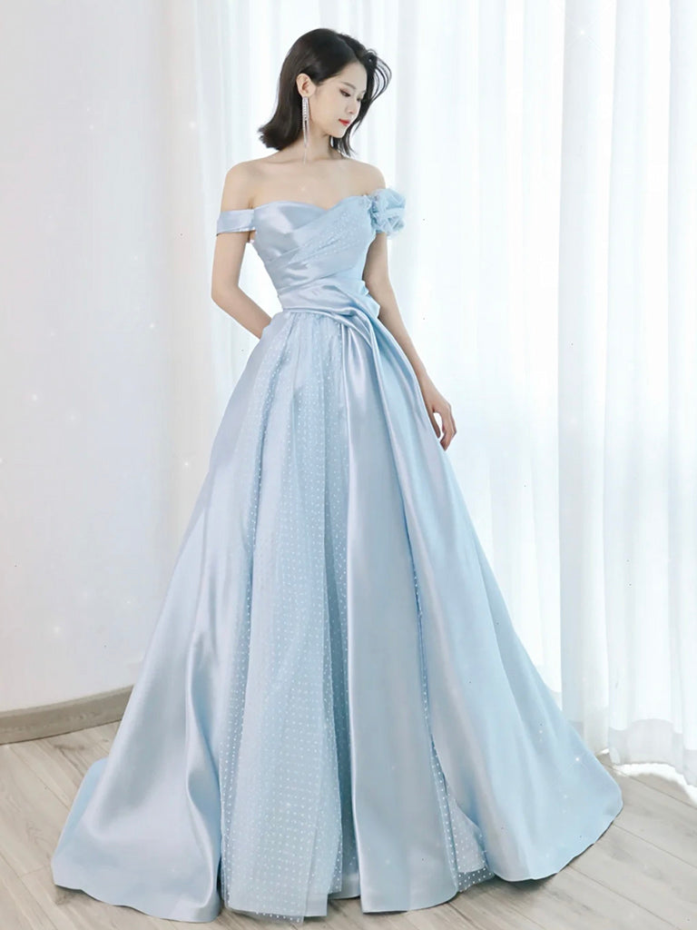 A-Line Blue Satin Tulle Long Prom Dress, Blue Tulle Long Evening Dresses