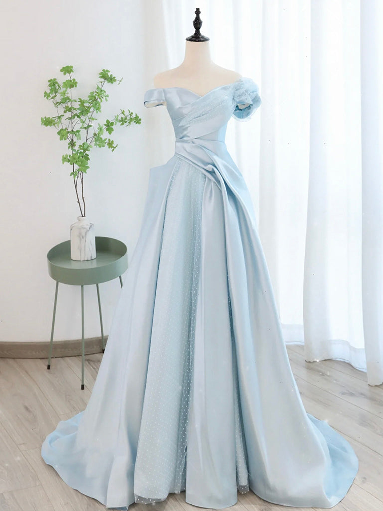 A-Line Blue Satin Tulle Long Prom Dress, Blue Tulle Long Evening Dress toptby A-Line Blue Satin Tulle Long Prom Dress, Blue Tulle Long Evening Dress toptby