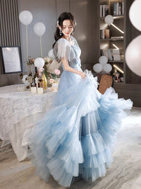 A-Line Sweetheart Neck Tulle Blue Long Prom Dress, Blue Long Formal Dress