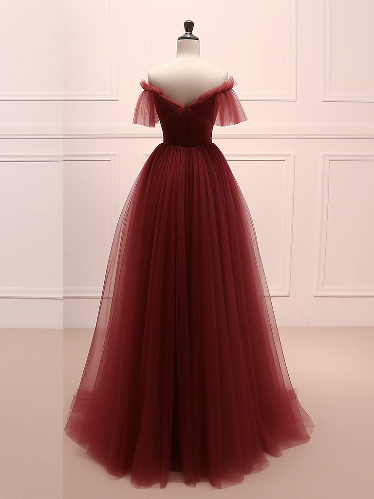 A-Line Burgundy Tulle Long Prom Dress, Burgundy Long Evening Dress