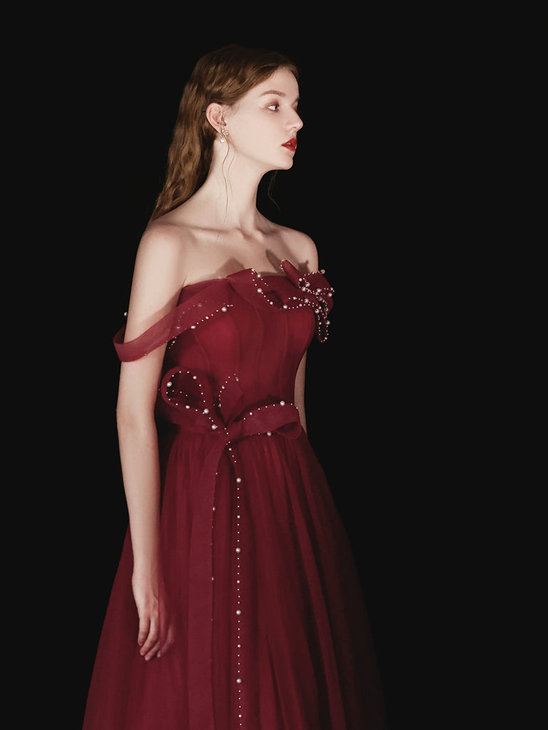 A-Line Off Shoulder Tulle Long Burgundy Prom Dress, Burgundy Long Formal Dress