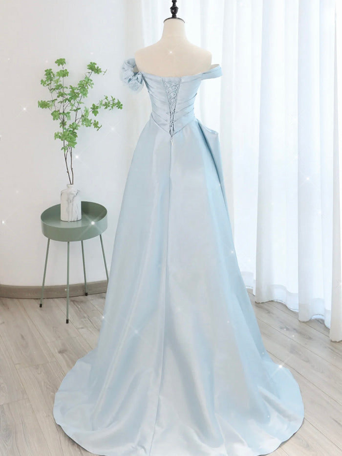 A-Line Blue Satin Tulle Long Prom Dress, Blue Tulle Long Evening Dresses