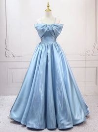 A-Line Satin Blue Long Prom Dress, Blue Long Evening Dress