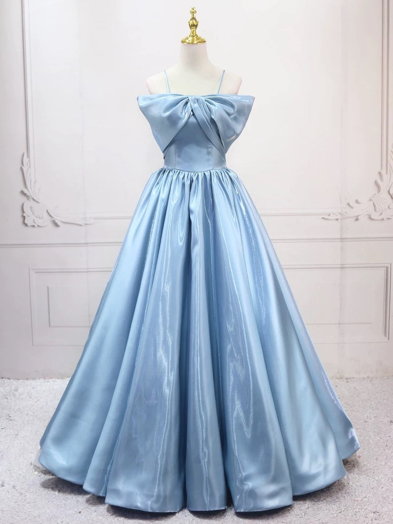 A-Line Satin Blue Long Prom Dress, Blue Long Evening Dress