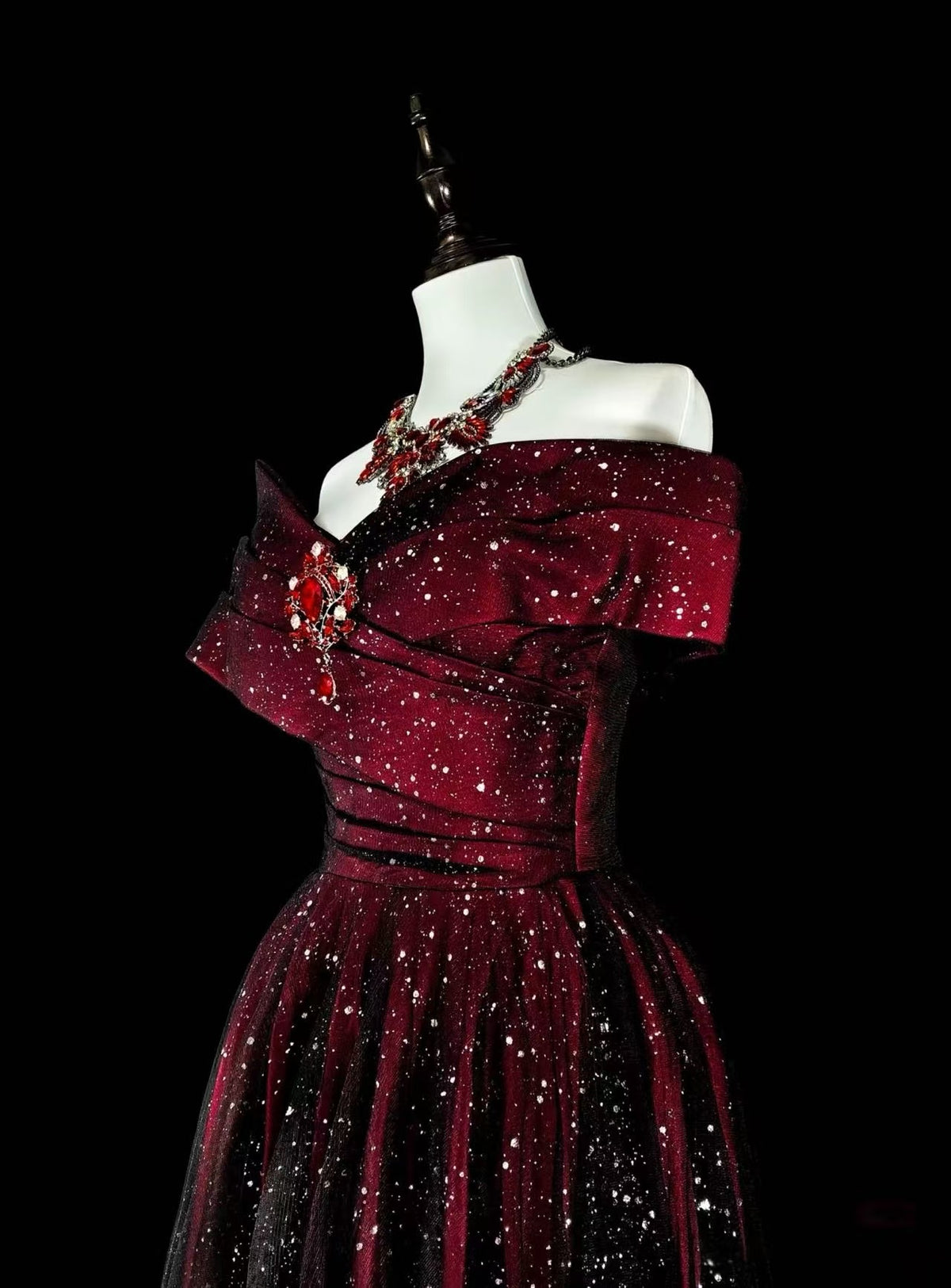A-line Off Shoulder Tulle Sequin Burgundy/Black Long Prom Dress