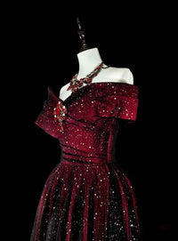 A-line Off Shoulder Tulle Sequin Burgundy/Black Long Prom Dress
