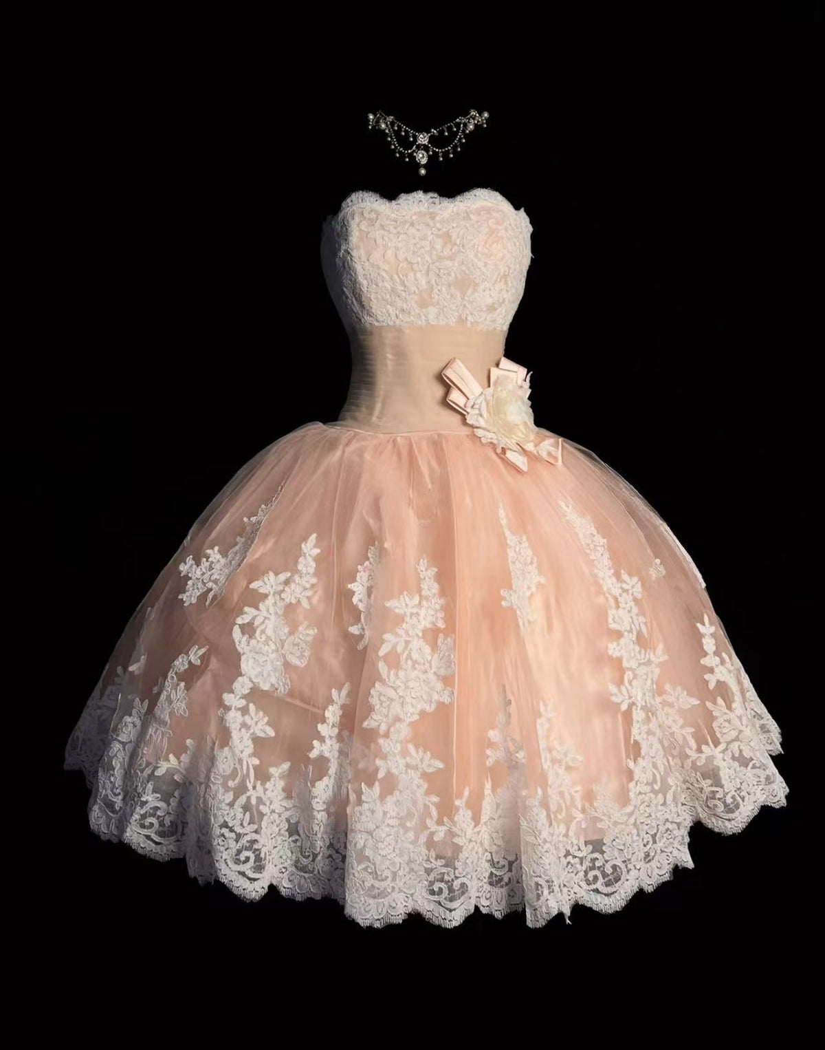 Pink Champagne Tulle lace Applique Short Prom Dress