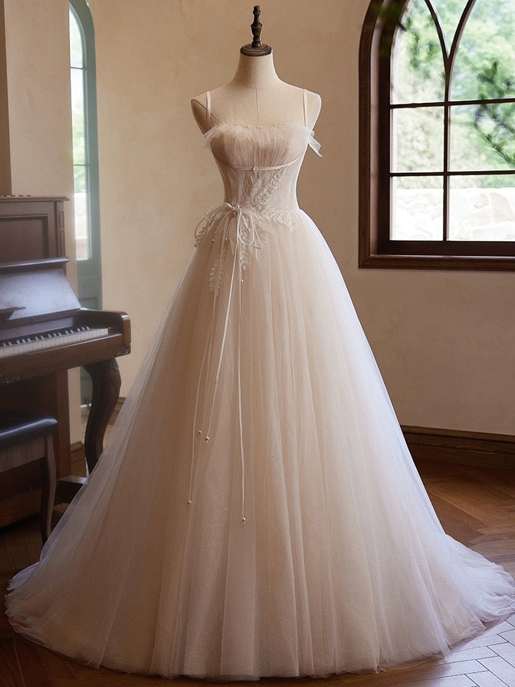 A-Line Sweetheart Neck Tulle Champagne Long Prom Dress With Lace