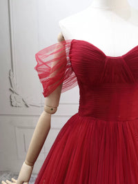 A-Line Sweetheart Neck Tulle Burgundy Long Prom Dress, Burgundy Long Evening Dress