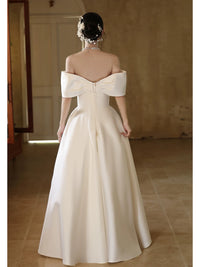 A-Line Off Shoulder Satin White Long Prom Dress, White Long Formal Dress