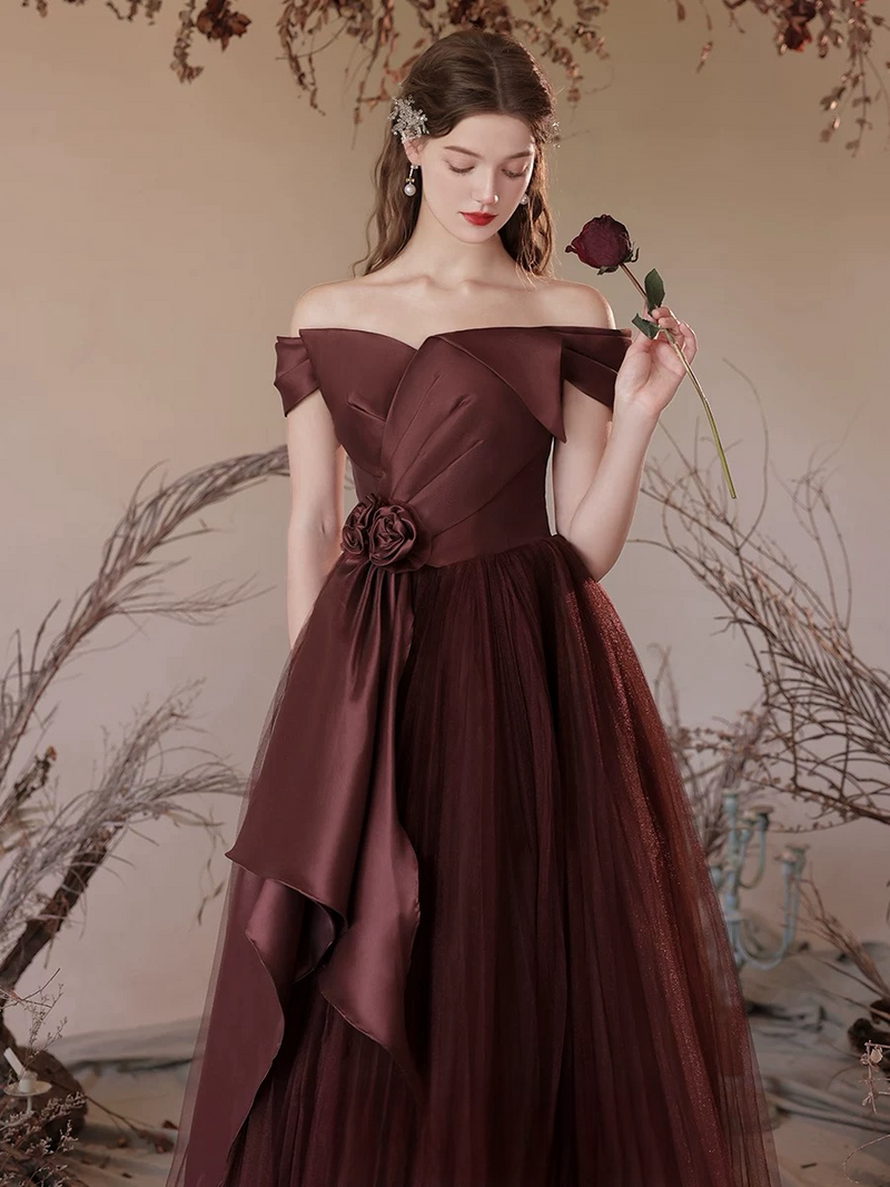 A-Line V Neck Tulle Brownish Red Long Prom Dress, Tulle Long Formal Dress