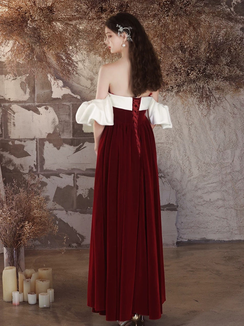 A-Line Velvet Burgundy Long Prom Dress, Burgundy Long Formal Dress