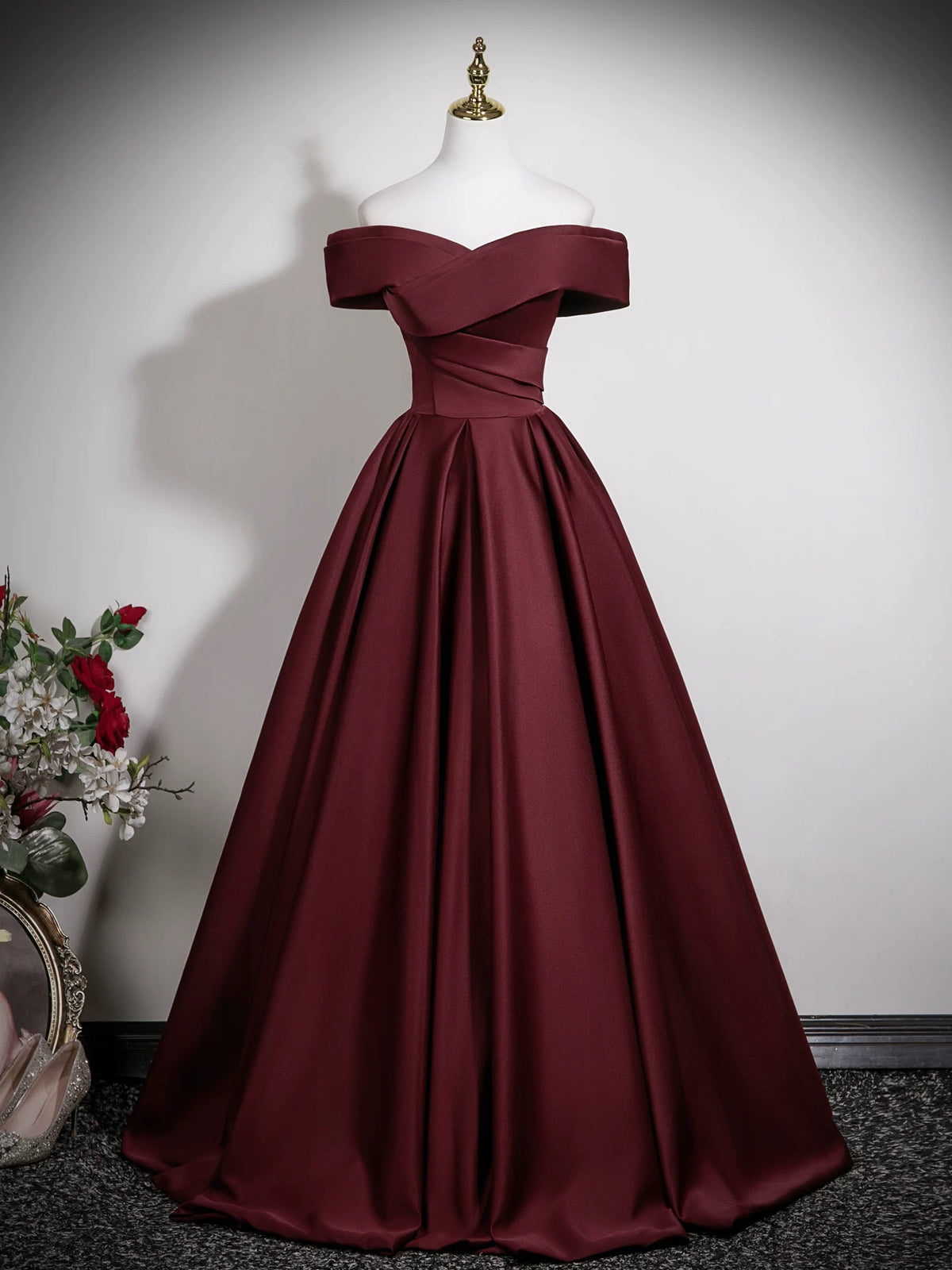 burgundy prom dresses long A-Line Off Shoulder Satin Burgundy Long Prom Dress, Burgundy Long Form – toptby