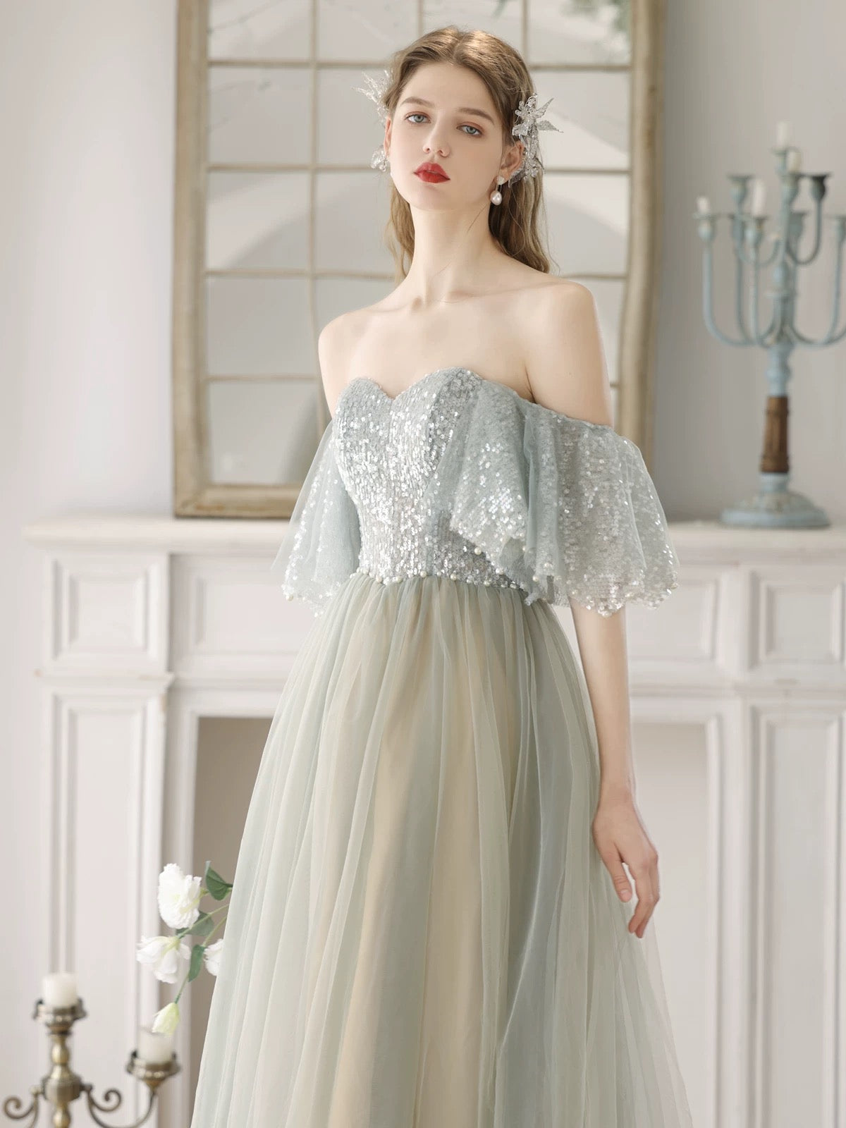 A-Line Tulle Sequin Light Green Long Prom Dress, Light Green Long Formal Dress