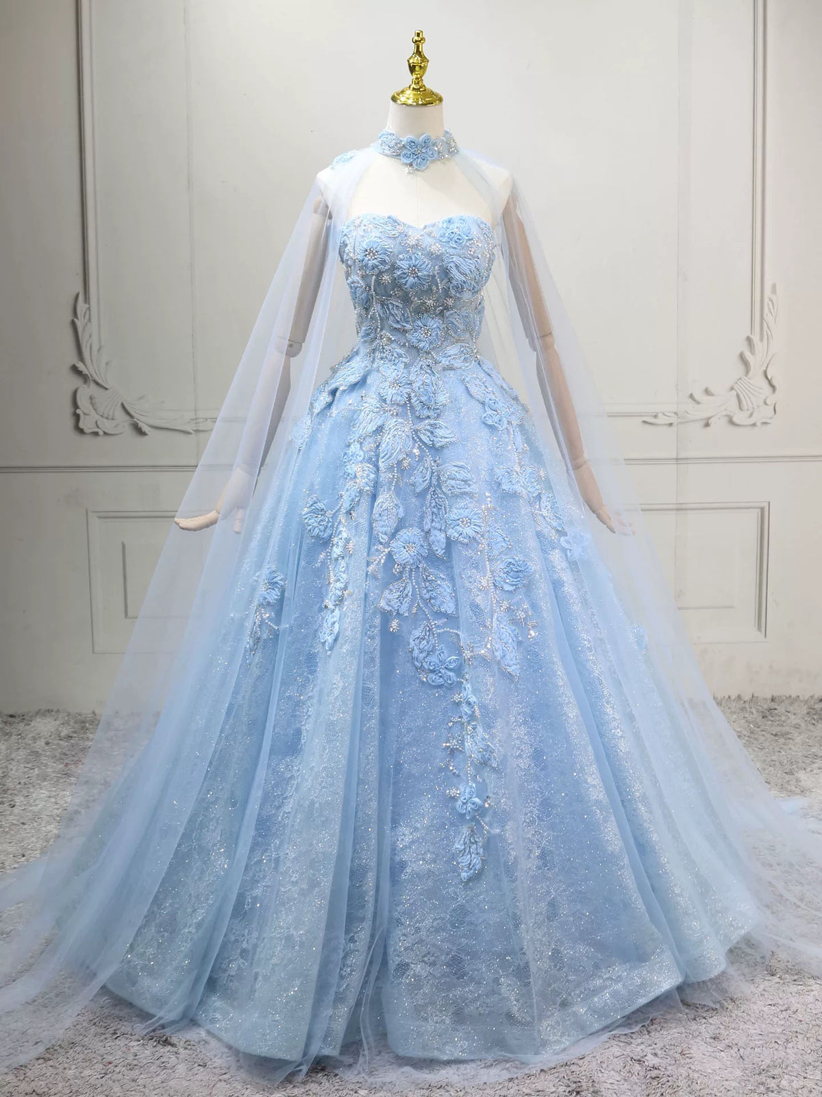A-Line Tulle Lace Blue Long Prom Dress, Blue Long Formal Dress