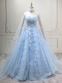 A-Line Tulle Lace Blue Long Prom Dress, Blue Long Formal Dress