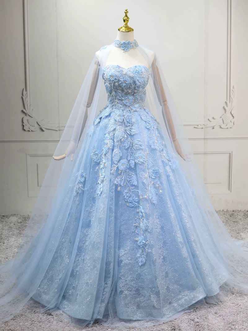 A-Line Tulle Lace Blue Long Prom Dress, Blue Long Formal Dress