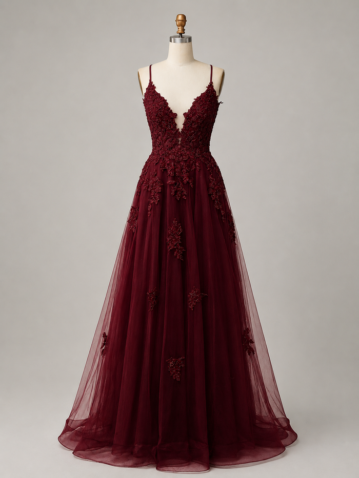 A-line V Neck Tulle Lace Burgundy Long Prom Dress, Burgundy Formal Dress