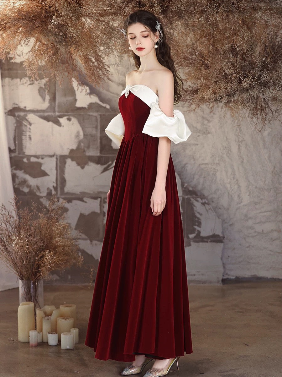 A-Line Velvet Burgundy Long Prom Dress, Burgundy Long Formal Dress