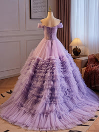 A-Line Off Shoulder Tulle Purple Long Prom Dress, Purple Long Evening Dress