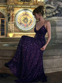 A-line V Neck Sequin Long Prom Dress, Sequin Party Dress