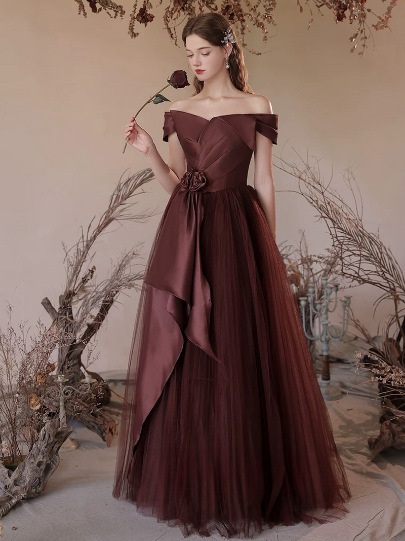 A-Line V Neck Tulle Brownish Red Long Prom Dress, Tulle Long Formal Dress