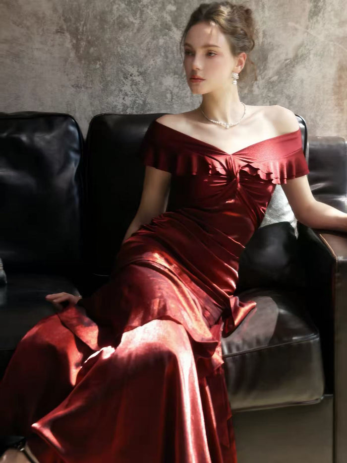Mermaid Off Shoulder Silk Burgundy Long Prom Dress, Burgundy Formal Dress