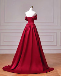 A-Line Spoon Neck off Shoulder  Burgundy Long Prom Dress