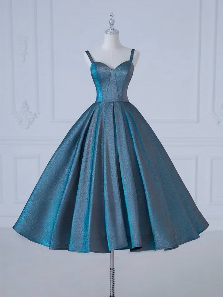 A-Line Sweetheart Neck Satin Tea Length Blue Prom Dress, Blue Formal Dress A-Line Sweetheart Neck Satin Tea Length Blue Prom Dress, Blue Formal Dress