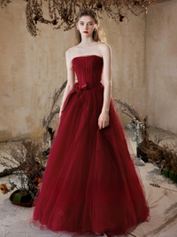 A-Line Tulle Lace Burgundy Long Prom Dress, Burgundy Long Graduation Dress