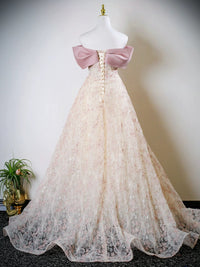 A-Line Off Shoulder Tulle Lace Champagne Long Prom Dress, Champagne Long Formal Dress