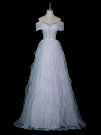 A-line Off Shoulder Tulle Sequin Light Blue Long Prom Dress with Beads