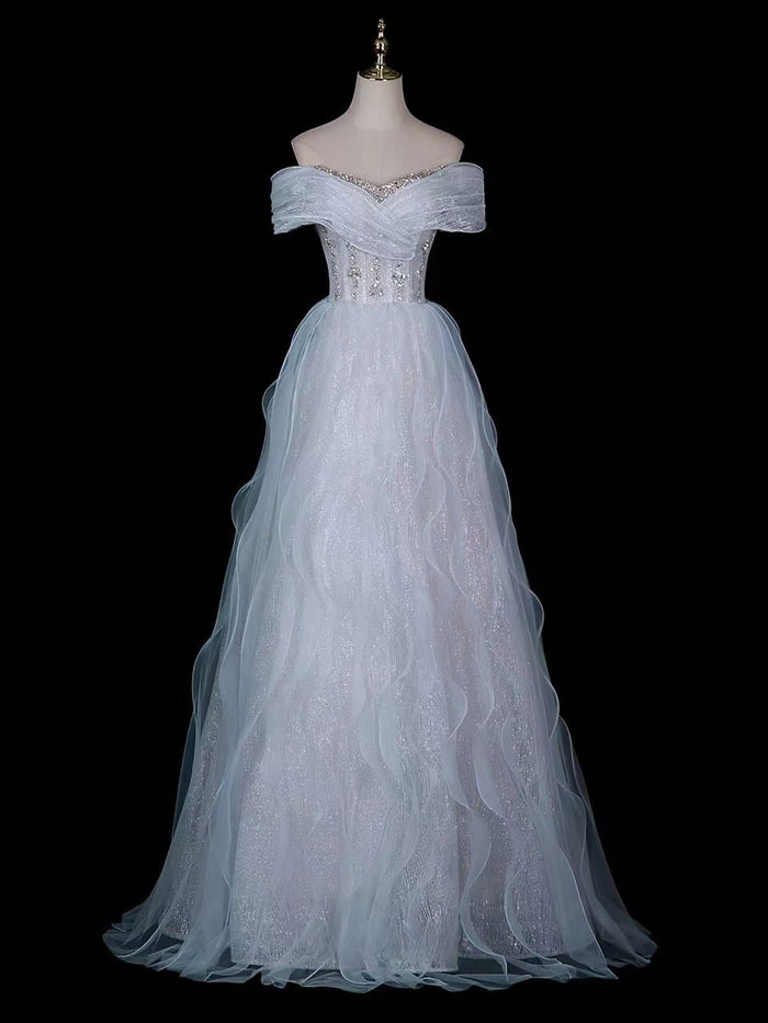A-line Off Shoulder Tulle Sequin Light Blue Long Prom Dress with Beads