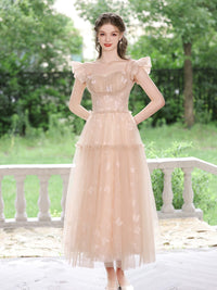 A-Line Tulle Lace Tea Length Pink Prom Dress, Pink Lace Formal Dress