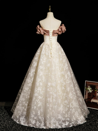 Champagne A-Line Lace Long Prom Dress, Champagne Long Evening Dress