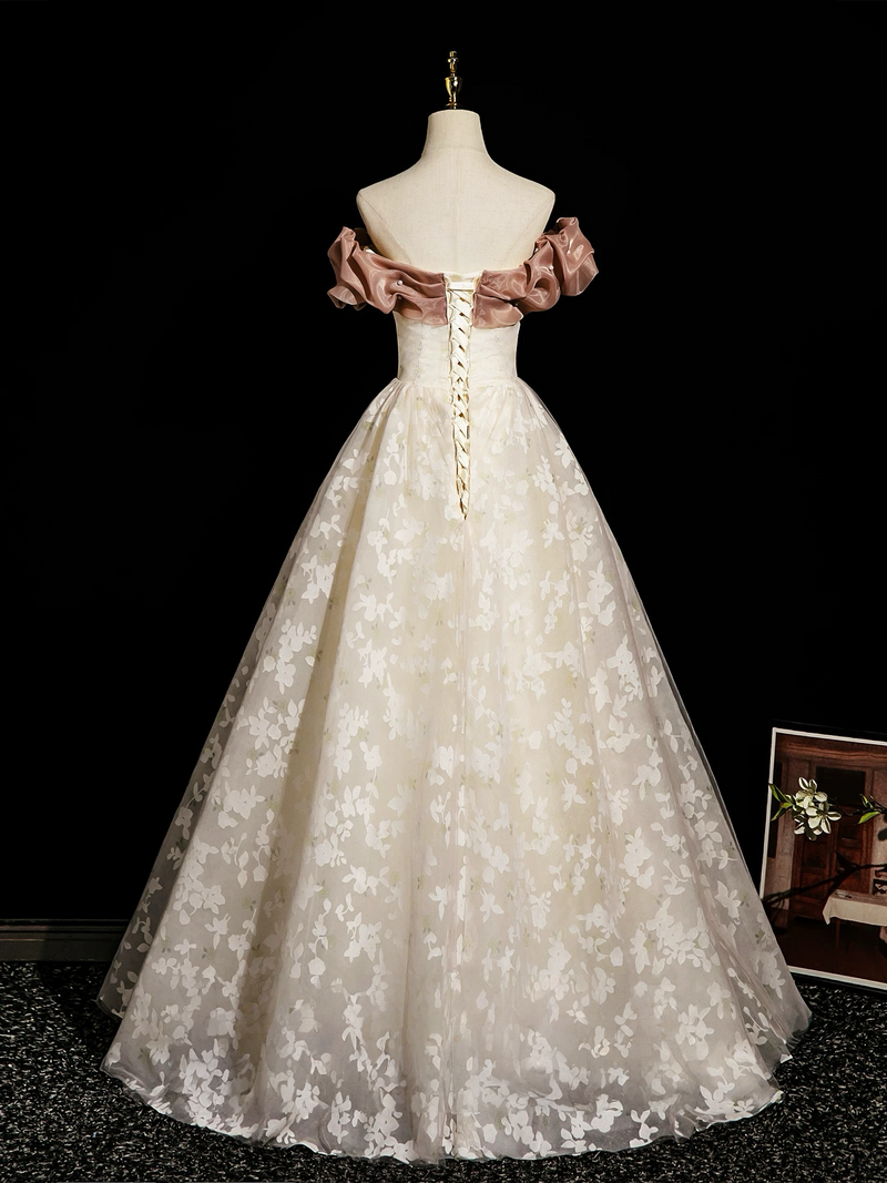 Champagne A-Line Lace Long Prom Dress, Champagne Long Evening Dress