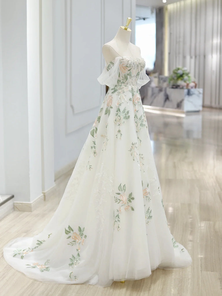 A-Line Off Shoulder Tulle Lace Applique White Long Prom Dress, White Long Formal Dress